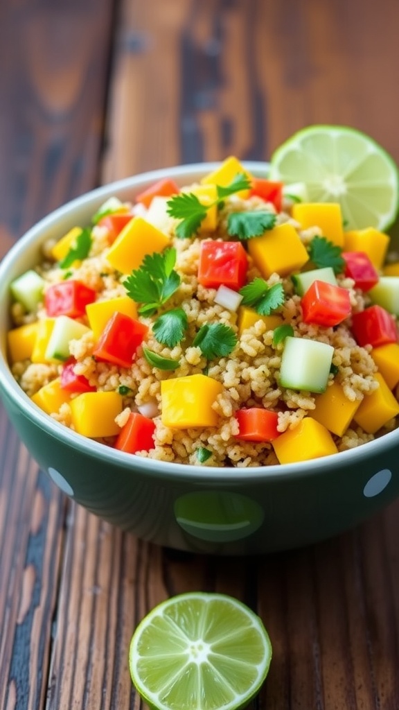 A vibrant mango quinoa salad with quinoa, mango, bell peppers, cucumber, and cilantro on a rustic wooden table.